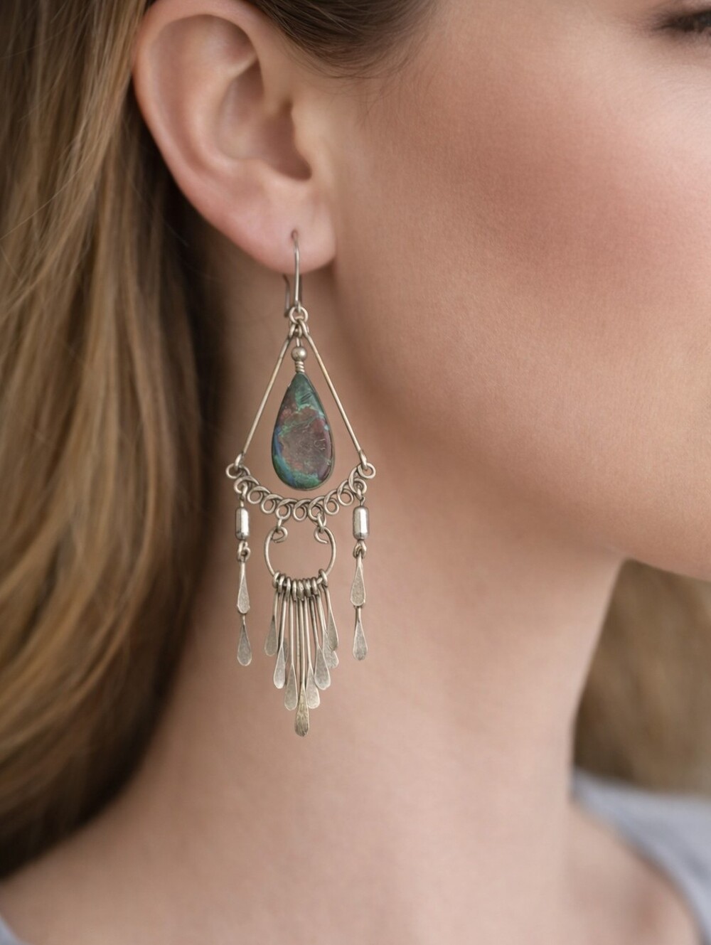 Southwestern Style Faux Stone Dangle Earrings Vintage 1990s Boho Silver Tone